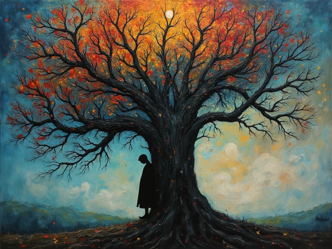 Autumn Tree with Vibrant Leaves and Serene Sky