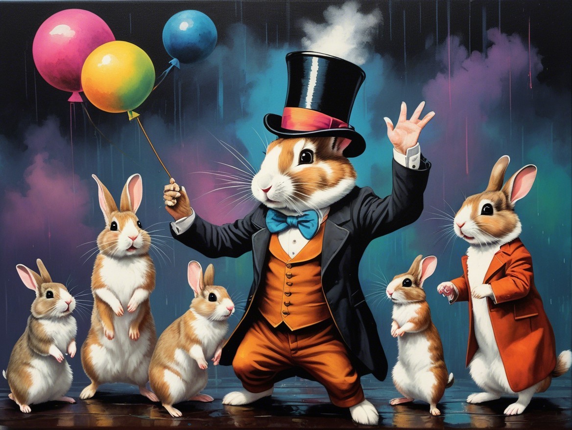 Anthropomorphic rabbits in colorful attire at a celebration