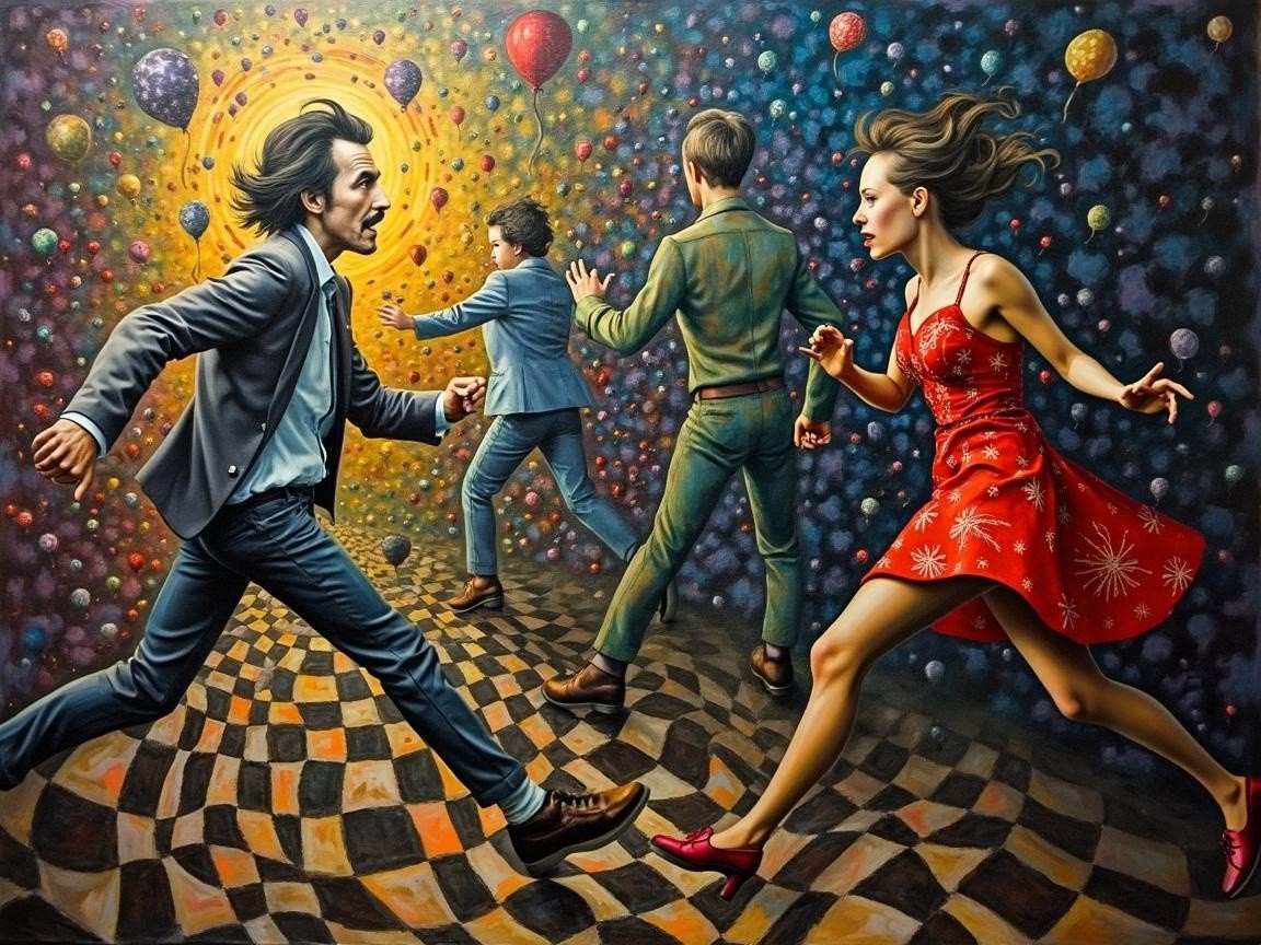 Dynamic Chase of Four Figures on Checkered Floor