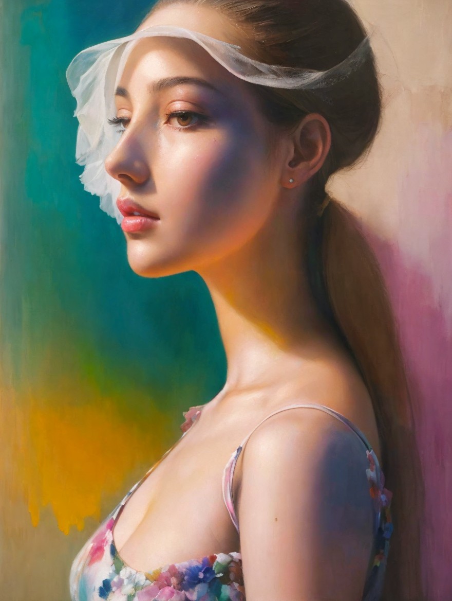 Profile of a Young Woman in Floral Dress and Veil