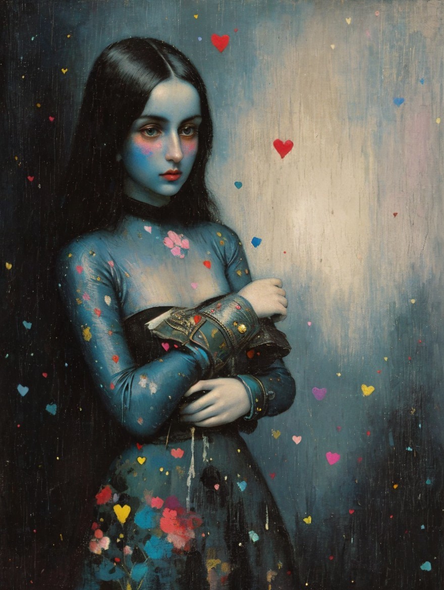 Portrait of a Young Woman with Floral Dress and Hearts