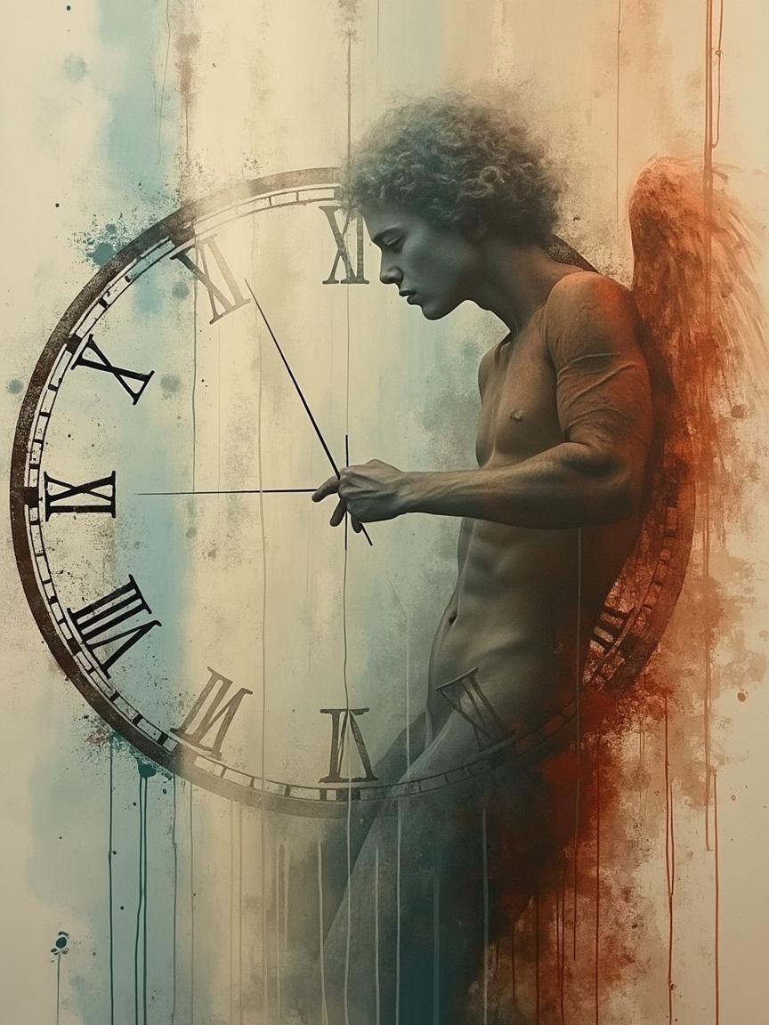 Surreal Artwork of Winged Man with Clock Elements