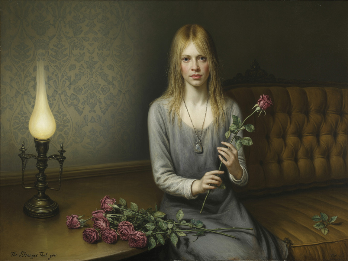 Hyperrealistic Painting of Girl with Rose and Lamp
