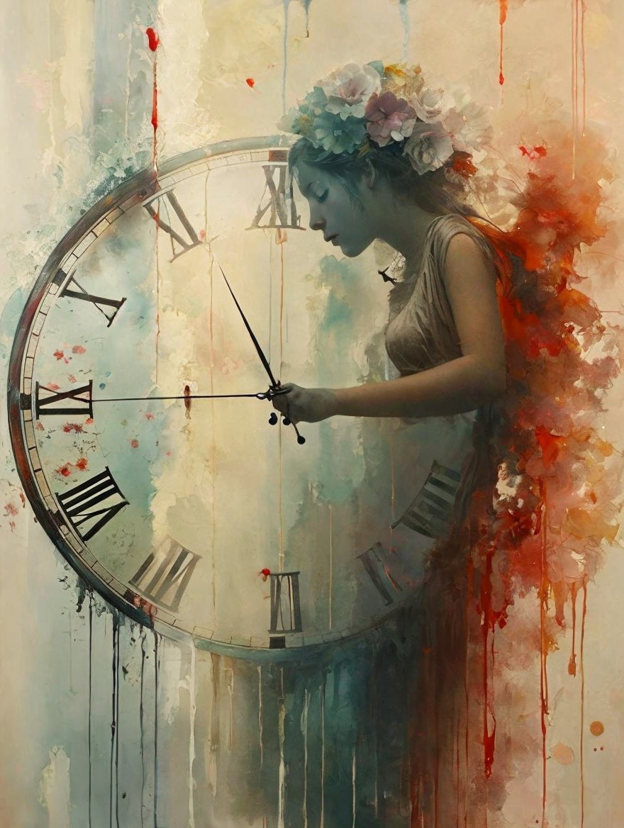 Dreamlike Woman Intertwined with a Clock Symbolizing Time