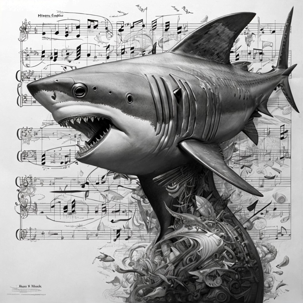 3D Shark Sculpture with Musical Sheet Background