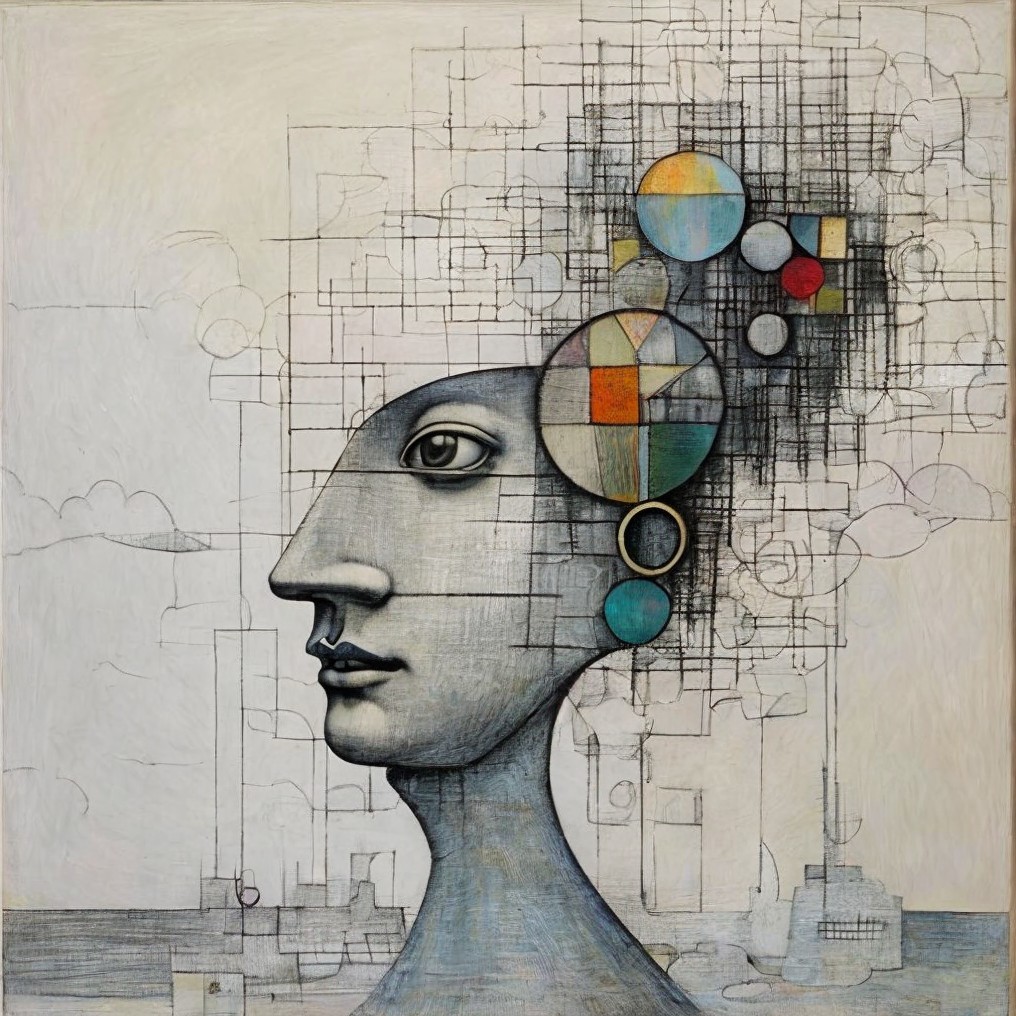 Stylized Human Head with Geometric Thought Symbols
