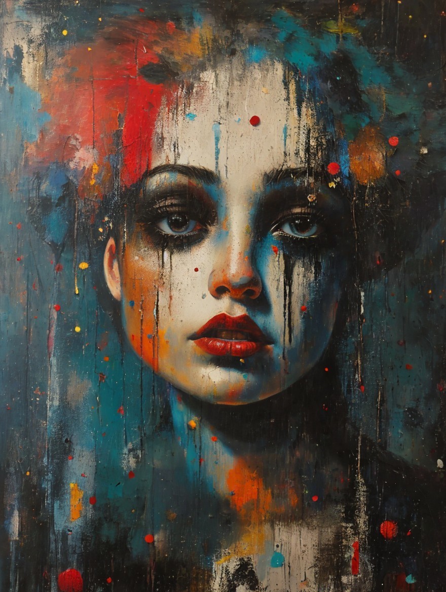 Portrait of a Woman with Bold Makeup and Colorful Tears