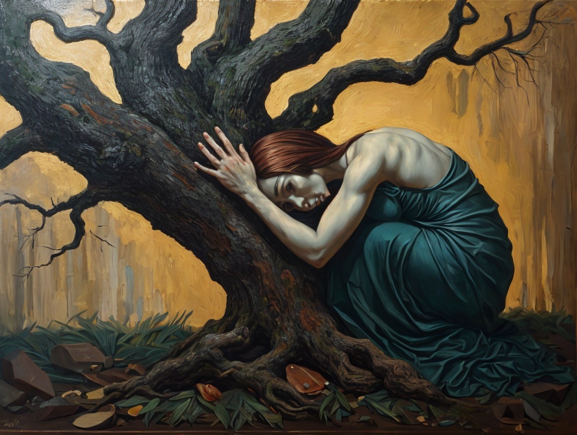 Figure in Green Dress Beside Twisted Tree