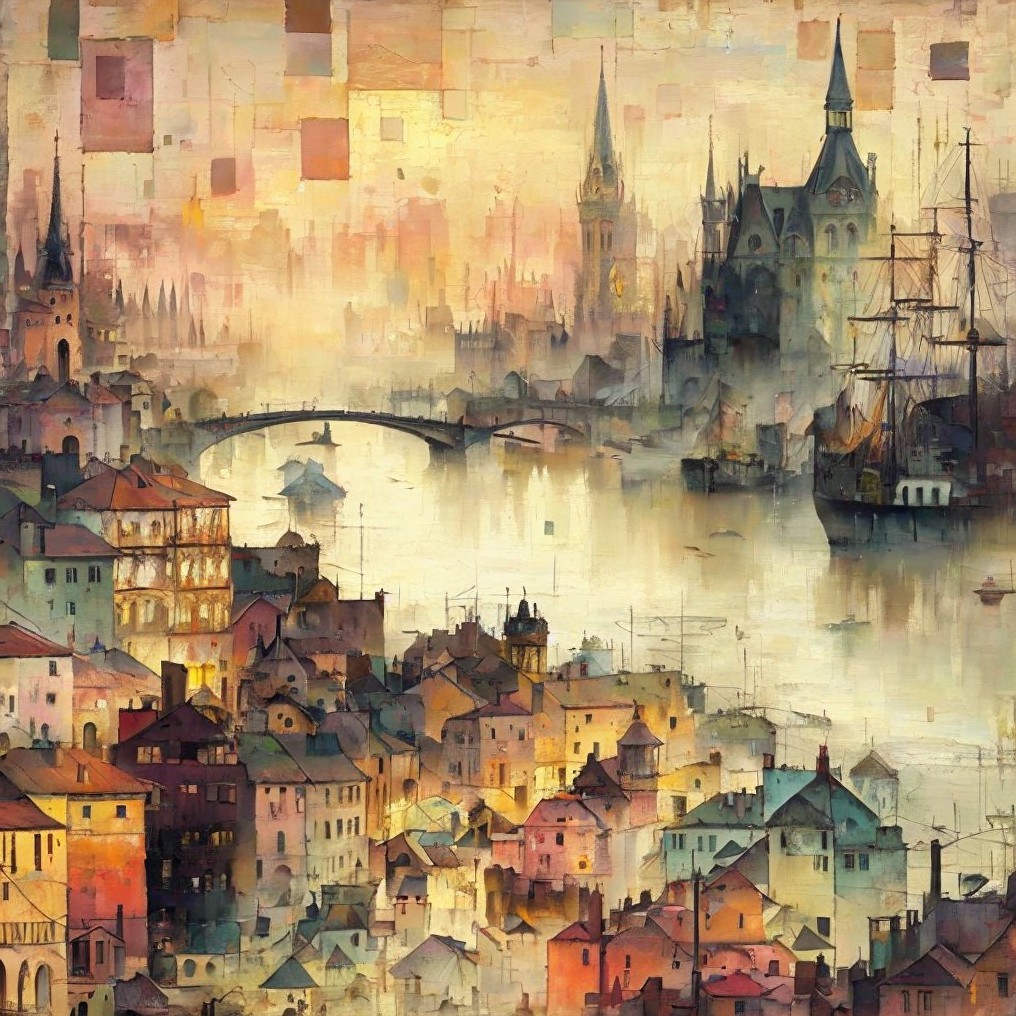 Dreamy River Scene with Quaint Town and Gothic Spires