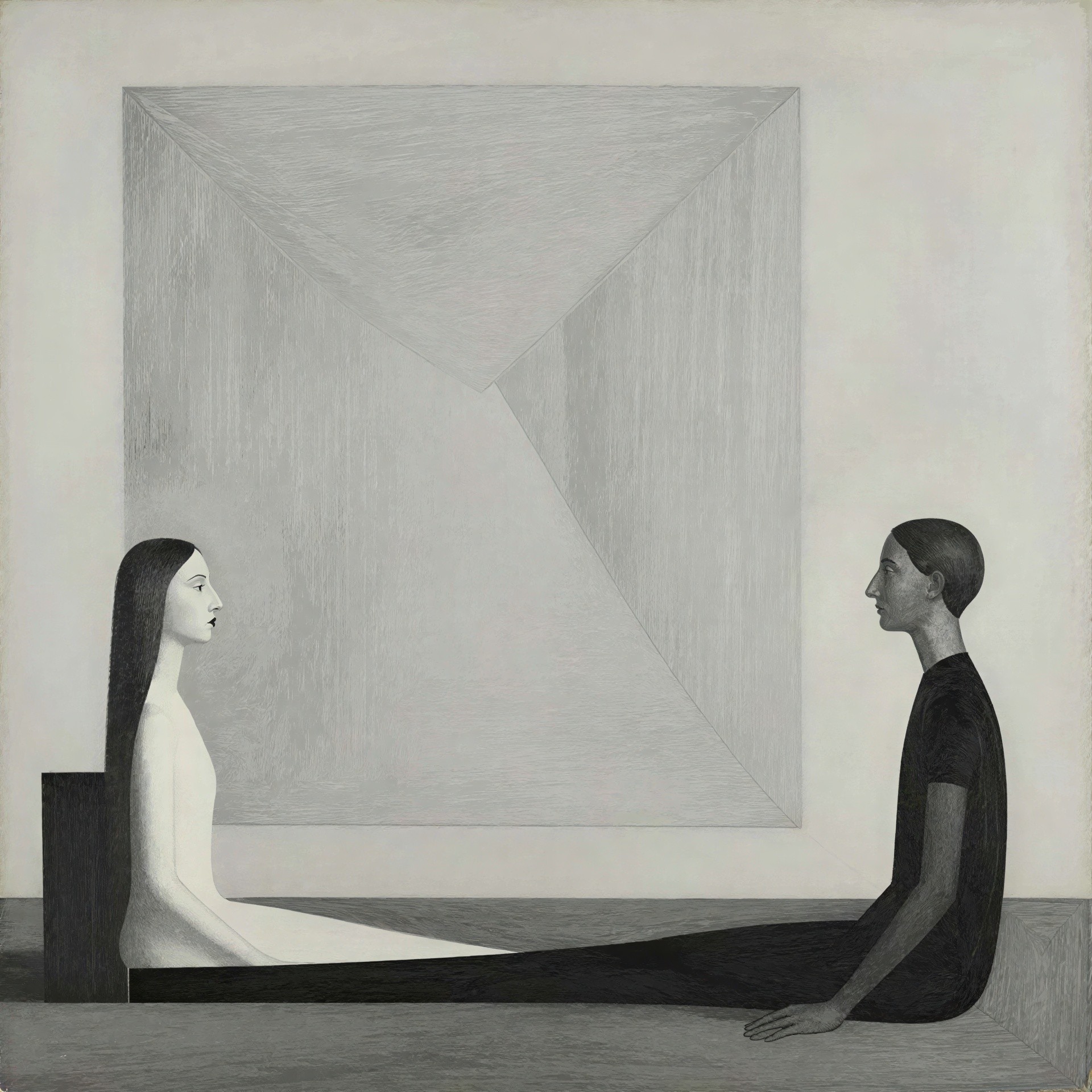 Black and White Painting of a Man and Woman Seated