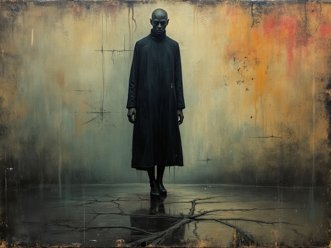 Solemn Figure in Dark Garment Against Textured Backdrop