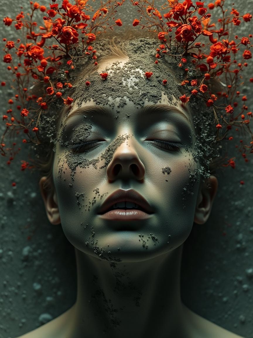 Portrait of a woman with floral and earthy textures