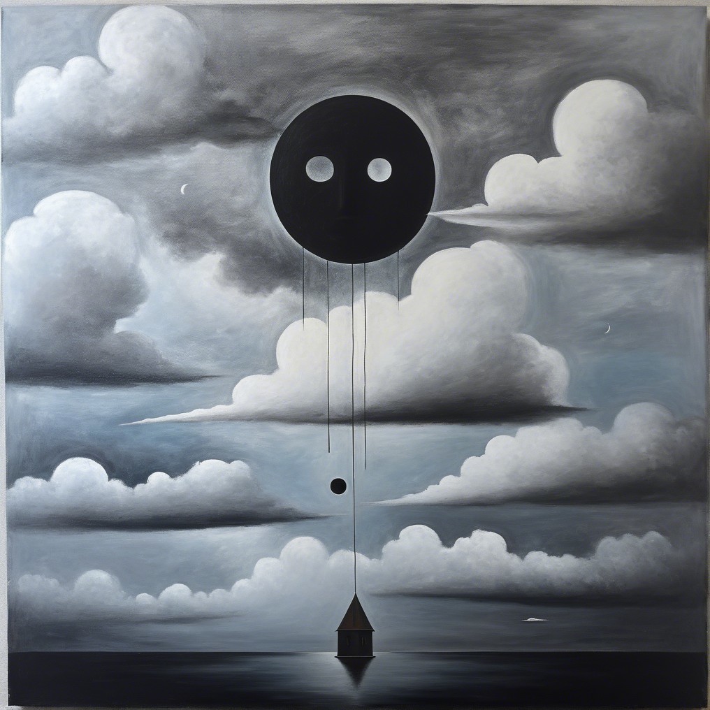 Surreal Monochromatic Landscape with Black Sun and House