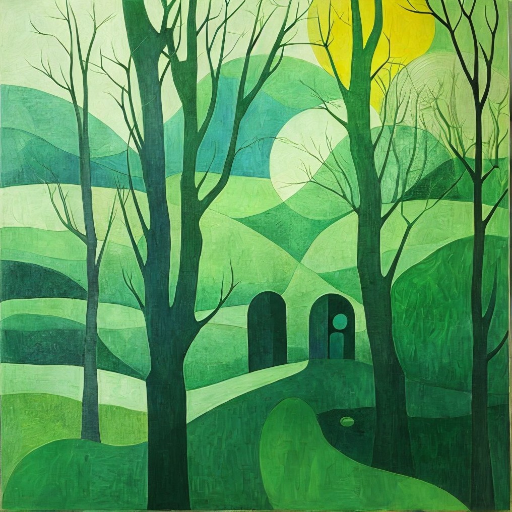 Serene Green Landscape with Stylized Trees and Sun