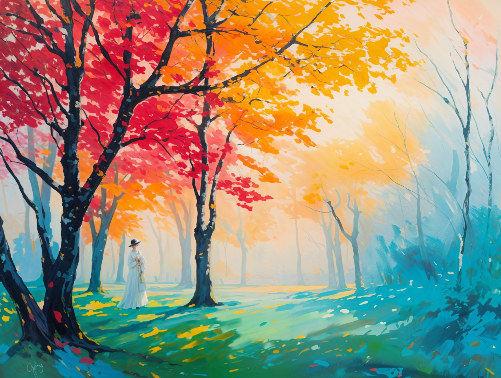 Serene Autumn Landscape with Vibrant Trees and Mist