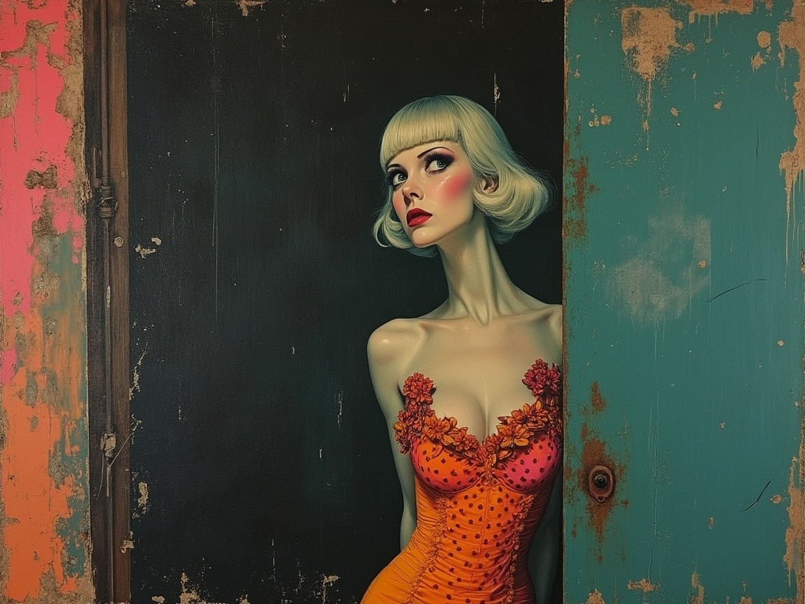 Glamorous Woman in Vibrant Orange Dress at Doorway