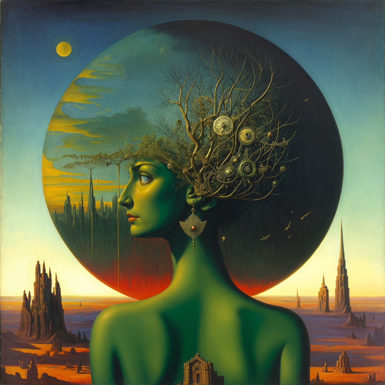 Profile of a Woman with Emerald Green Hue and Celestial Background