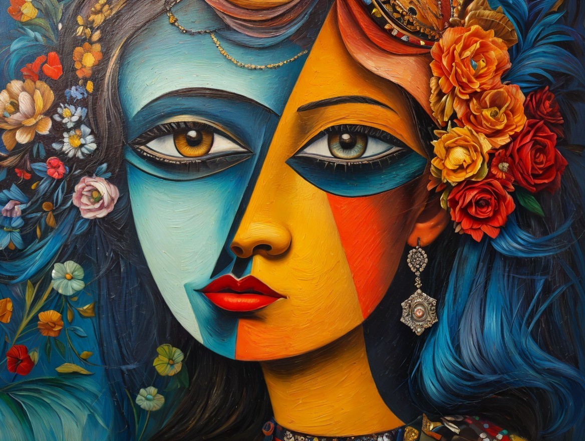 Vibrant Woman's Face with Colorful Floral Surroundings