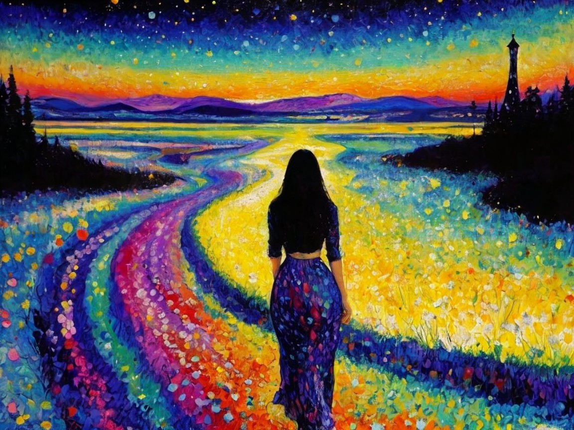 Silhouette of Woman on Colorful Path Under Starry Sky