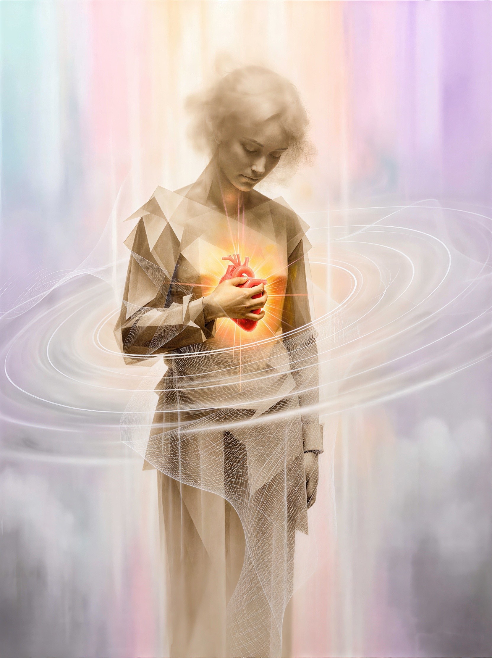 Ethereal Woman Holding Glowing Heart with Energy Lines