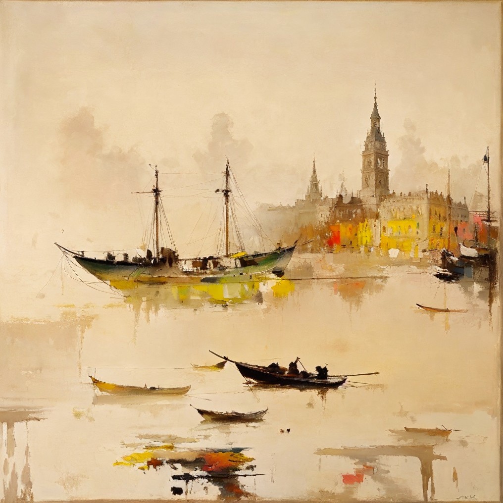 Serene Waterfront Scene with Majestic Ships and Tower