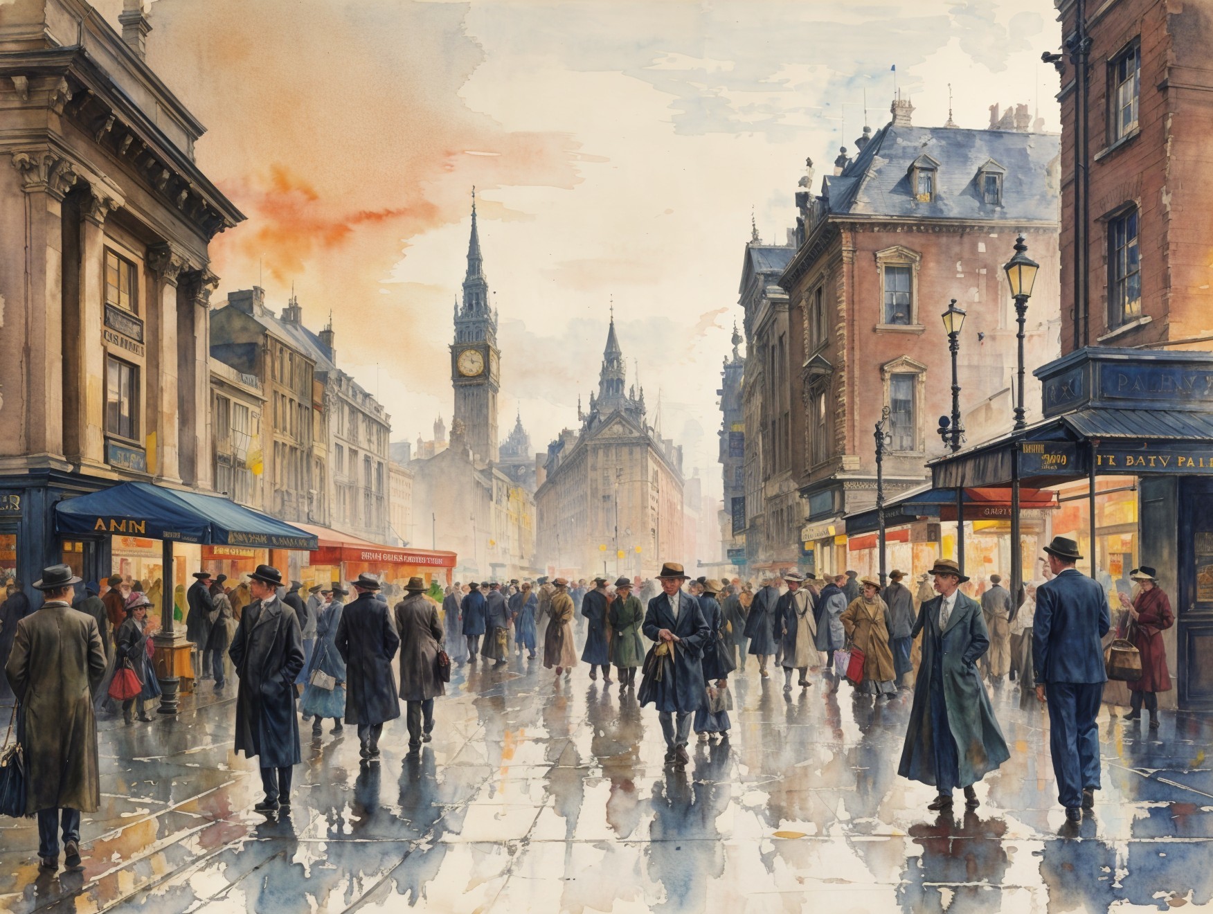 Historic City Street Scene with Sunset Reflections