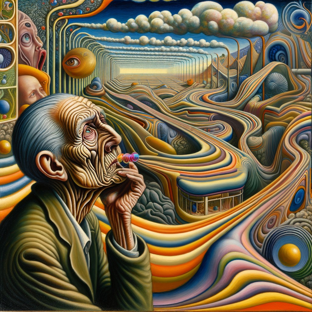 Elderly person blowing bubble in surreal landscape with fluid shapes