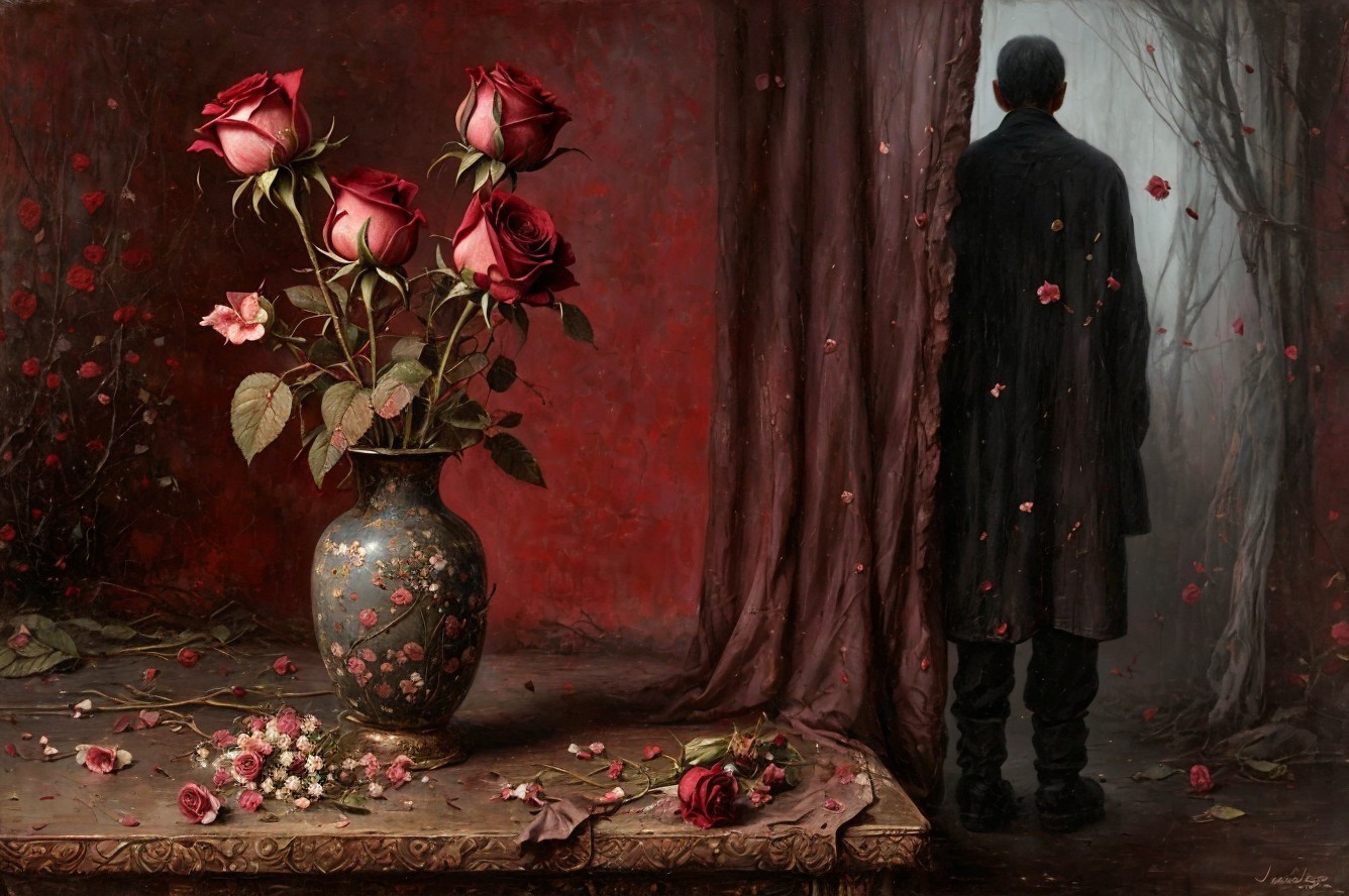 Renaissance Still Life with Red Roses and Forest View