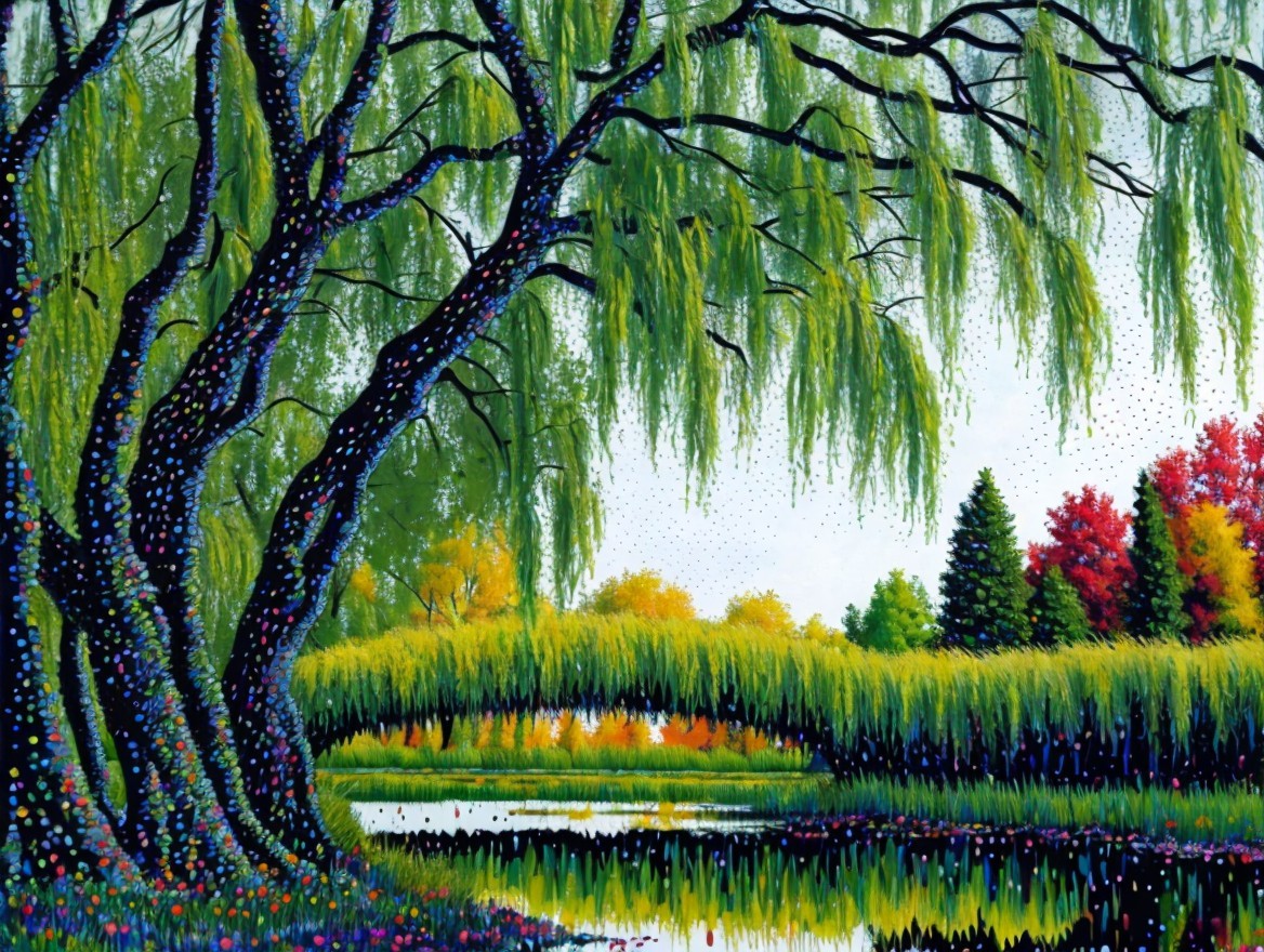 Vibrant Landscape with Willow Trees and Serene Pond