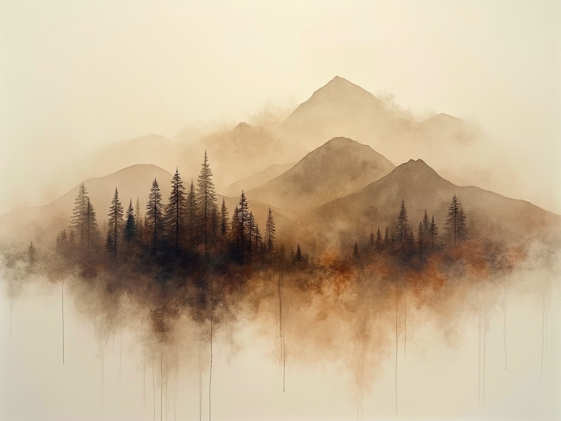 Misty Mountains and Pine Trees in Warm Tones