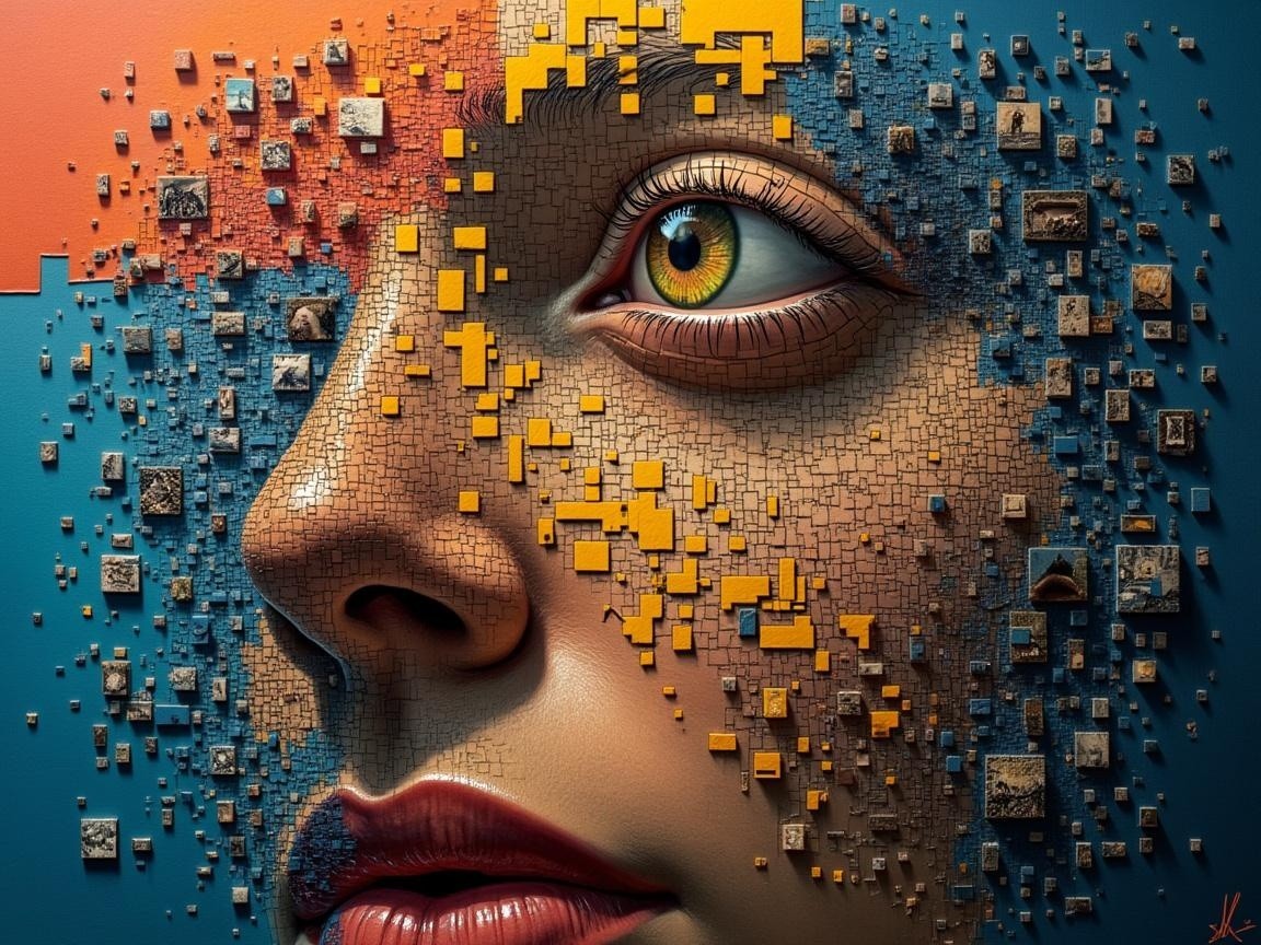 Close-up of a woman's face with colorful mosaic design