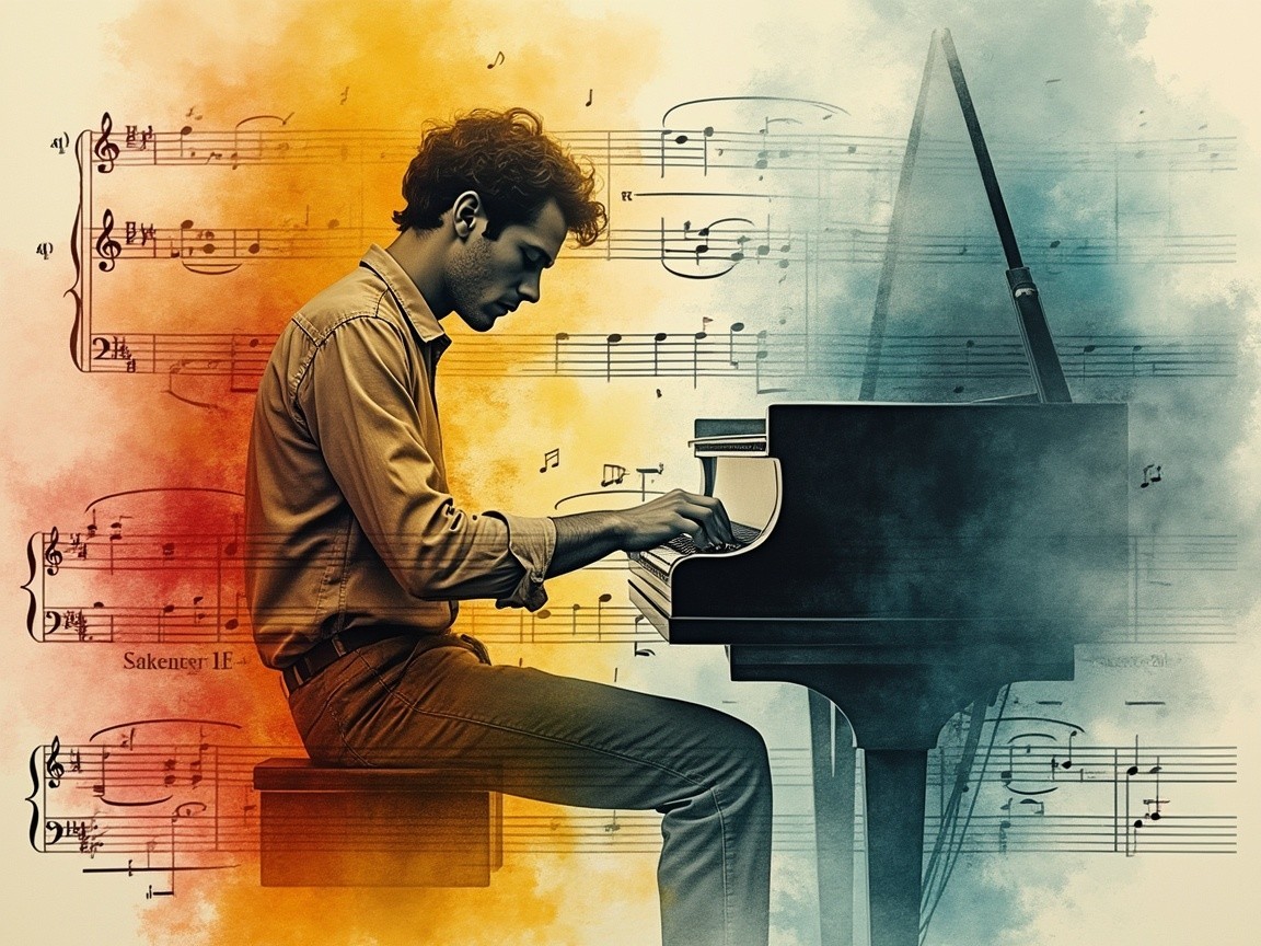 Young man playing grand piano with musical notes backdrop