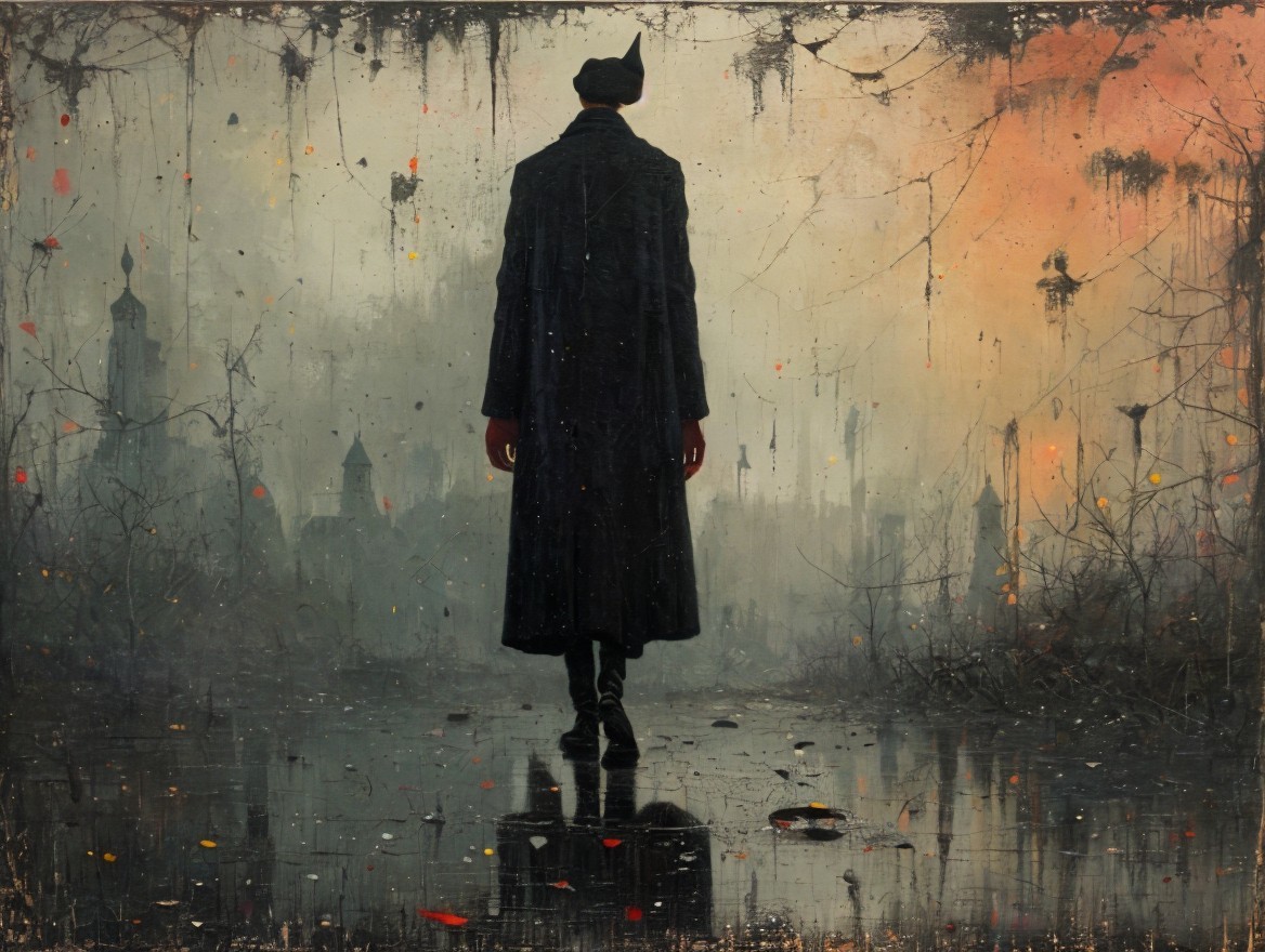 Solitary Figure in Dark Coat Overlooking Misty Landscape