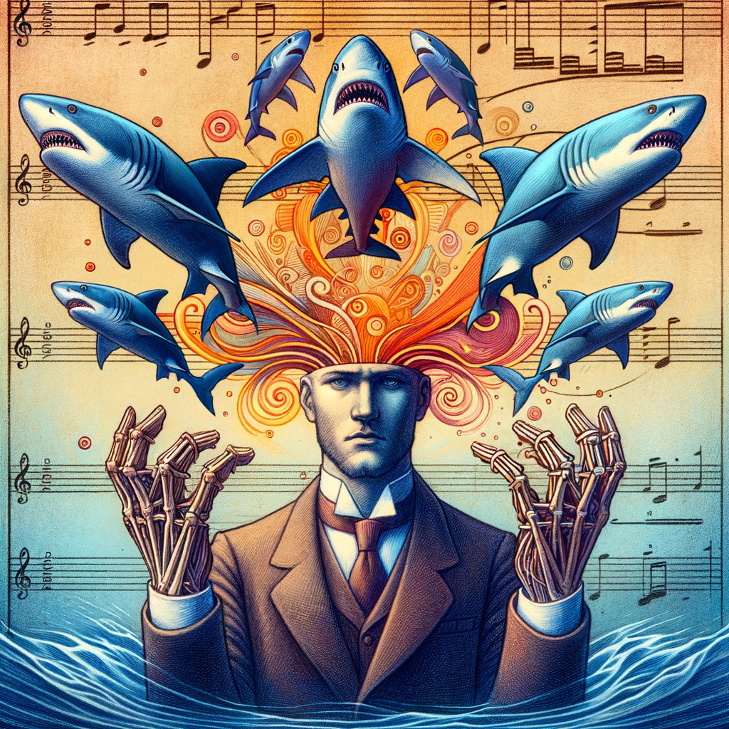 Surreal Illustration of a Man with Colorful Sharks