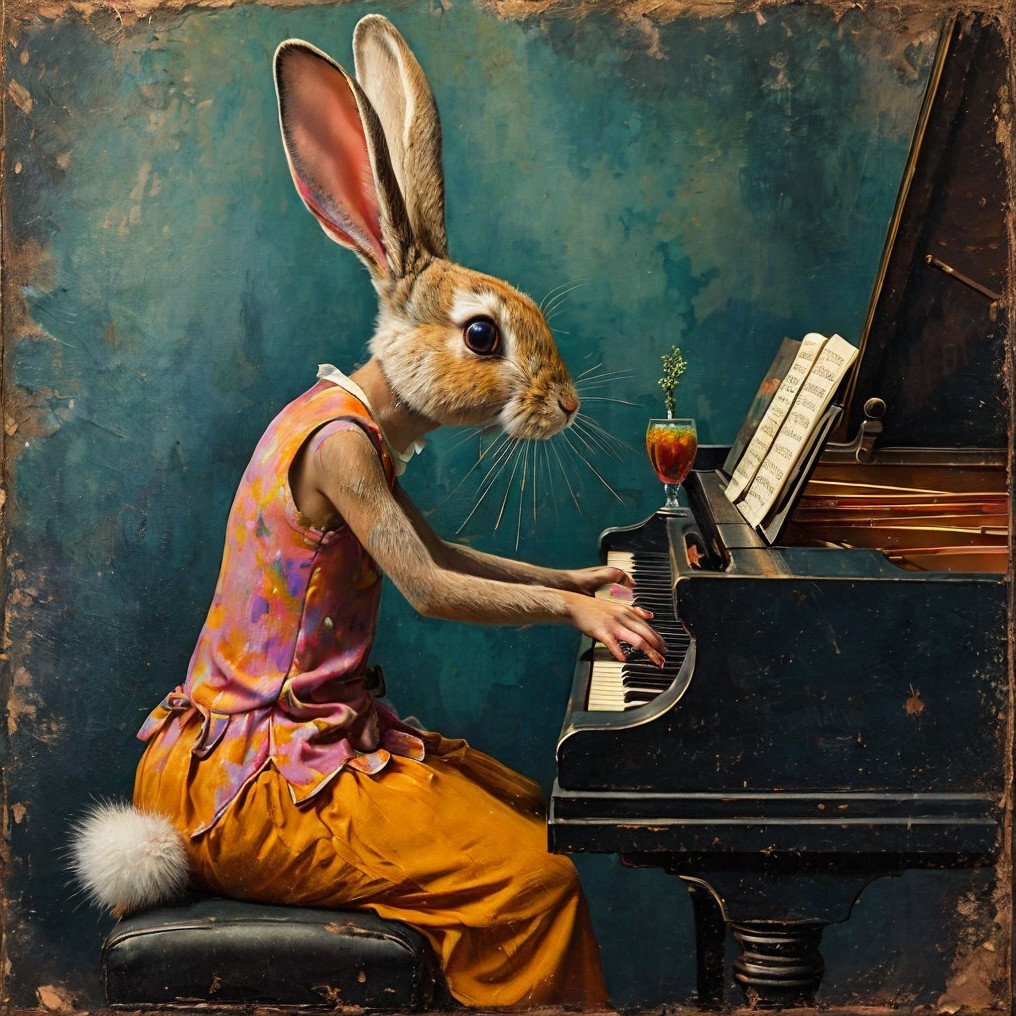 Whimsical Scene of Rabbit-Headed Pianist in Colorful Outfit
