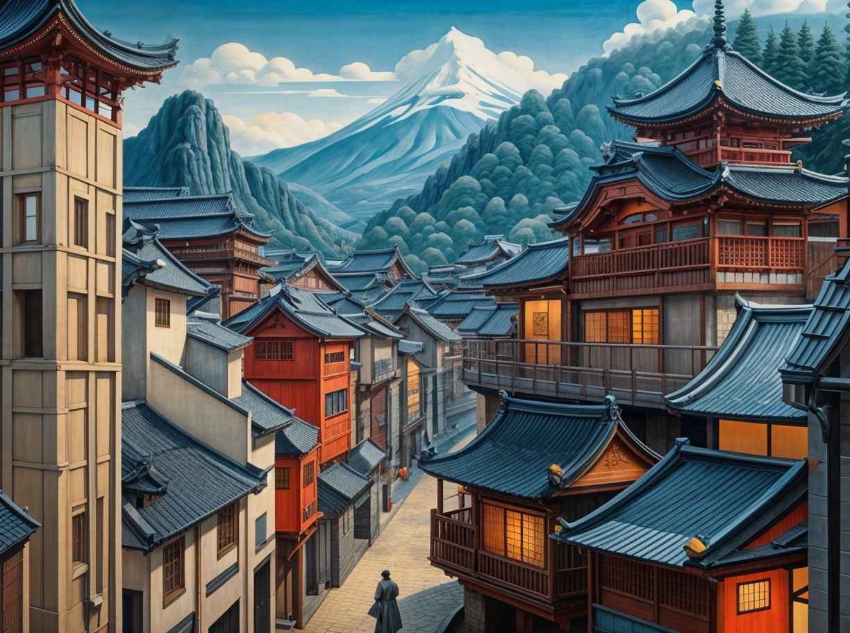 Traditional Japanese Town Surrounded by Mountains