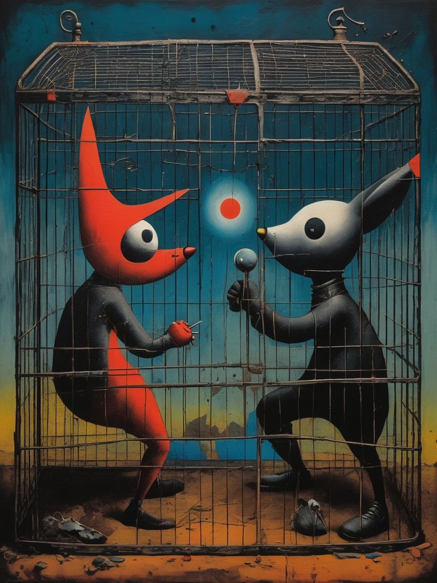 Whimsical Characters in a Barred Cage with Light Spheres