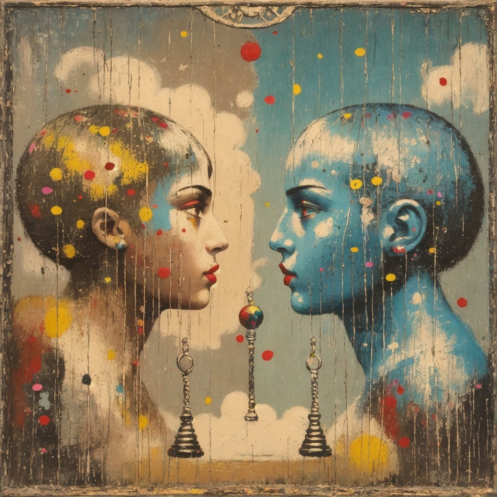 Stylized Bald Figures on Textured Blue Background