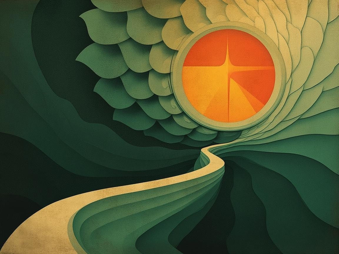 Abstract Design with Green Layers and Orange Emblem