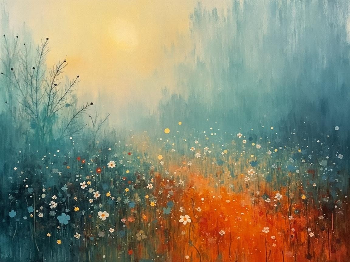 Misty Landscape with Wildflowers and Silhouetted Trees