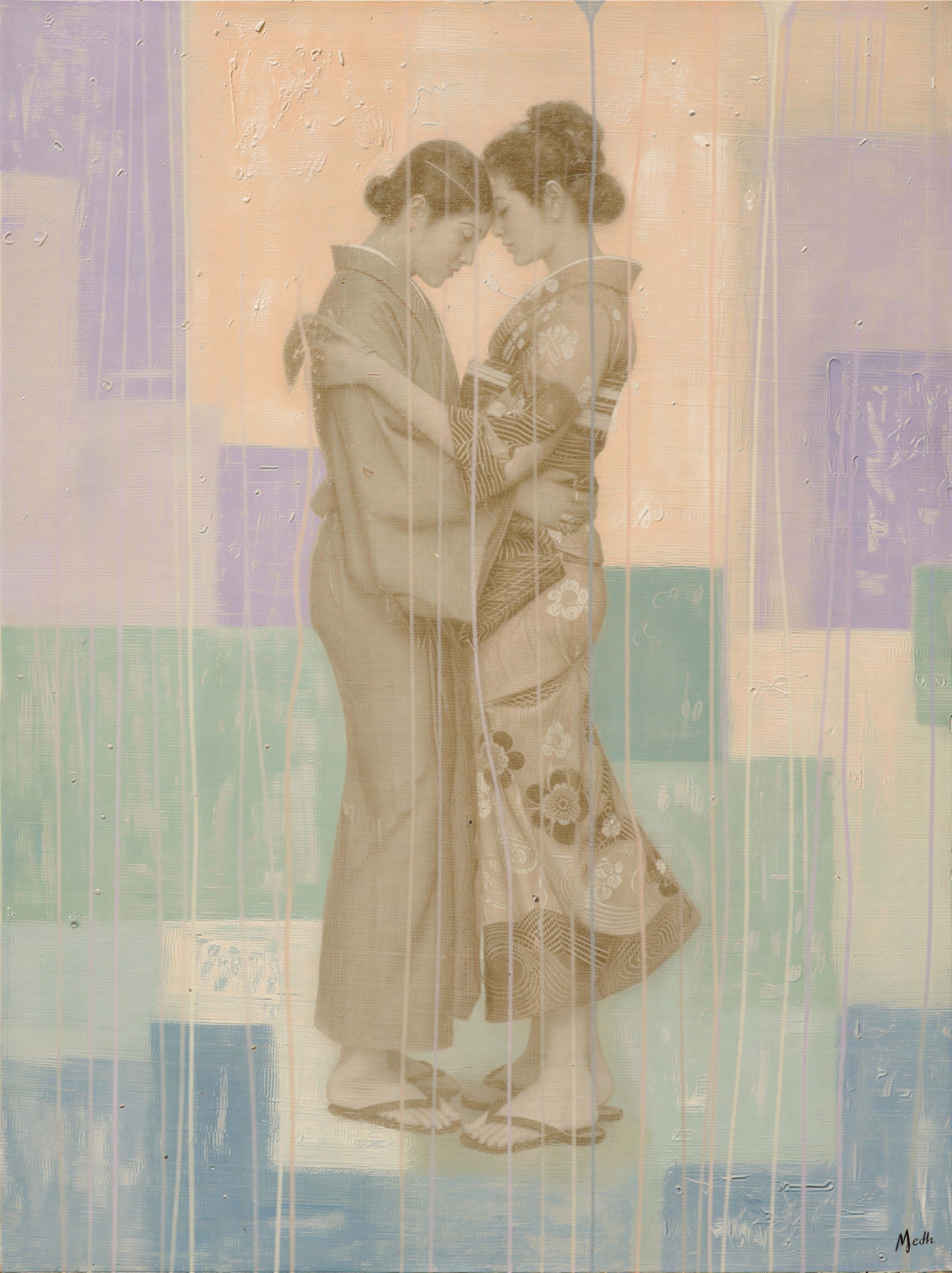 Women in Kimonos Embracing Against Pastel Background