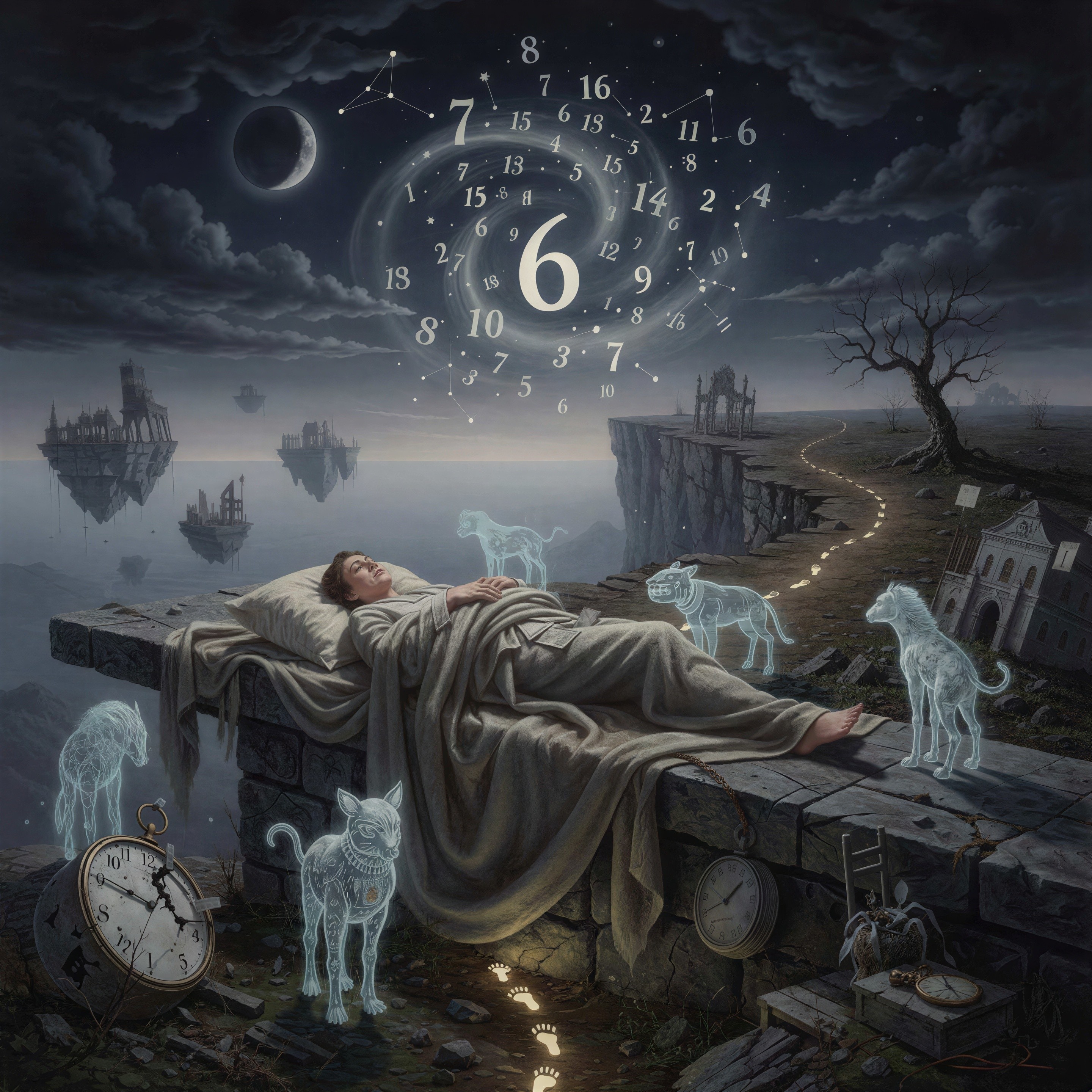 Surreal Oil Painting of a Sleeping Man and Ethereal Dogs