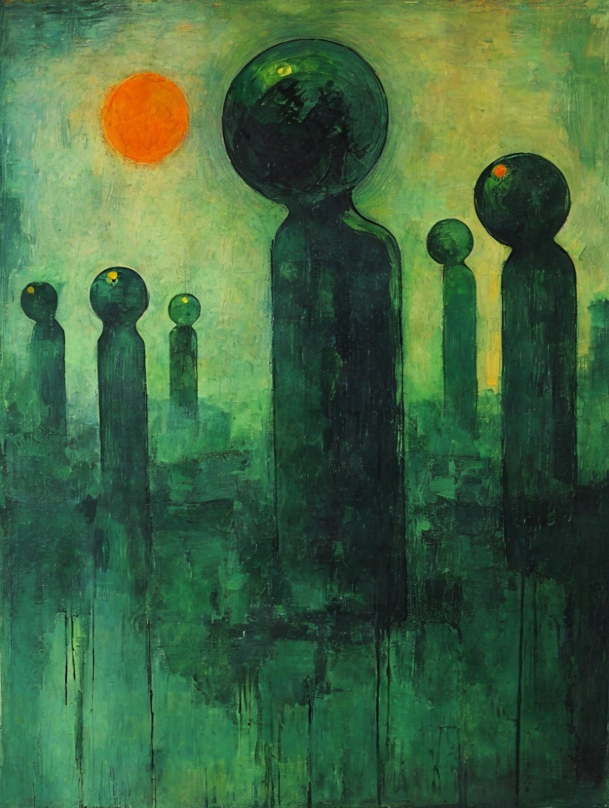 Abstract Figures with Spherical Heads in Vivid Landscape