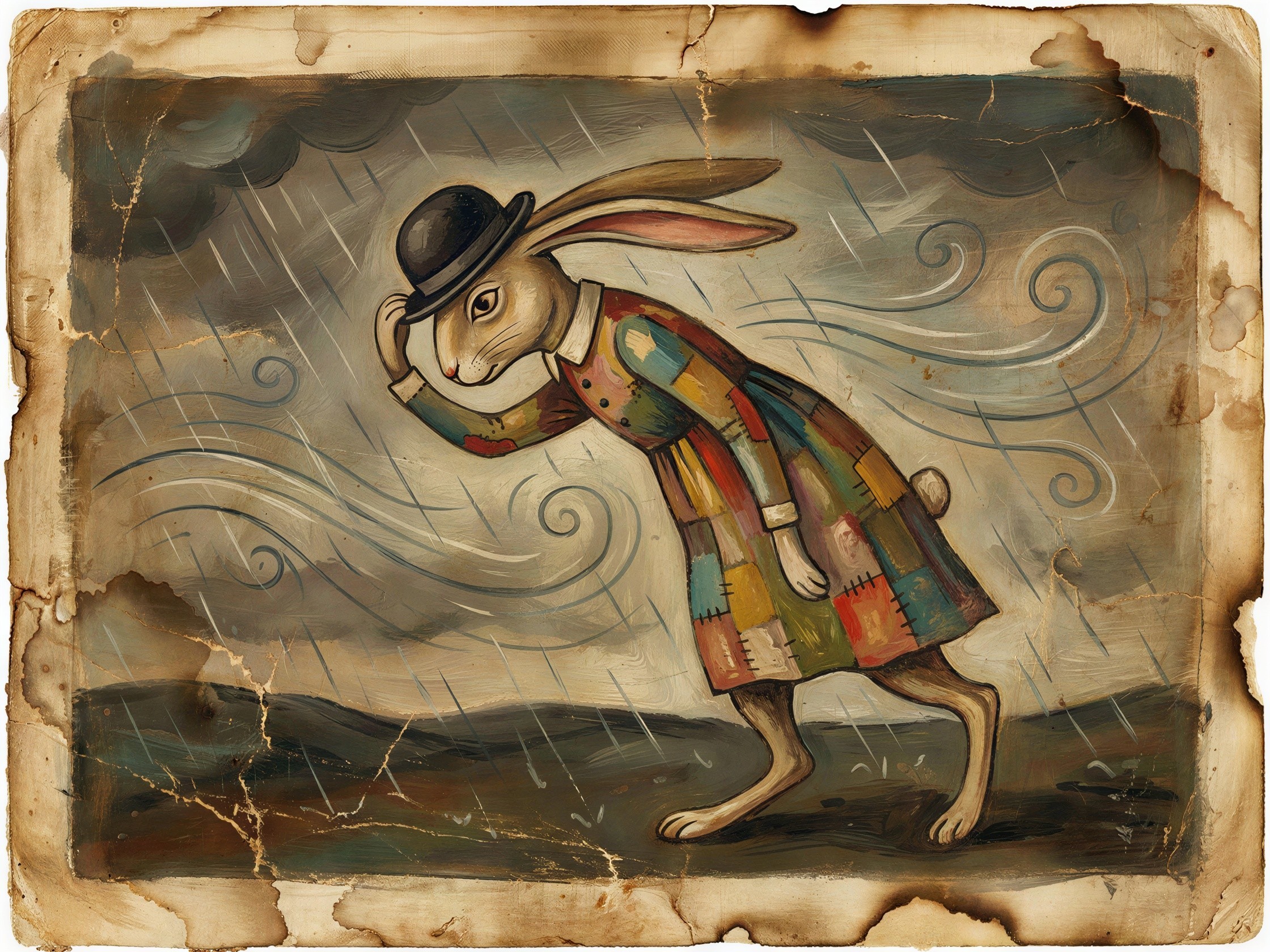 Rabbit in Bowler Hat Amidst Wind and Rain