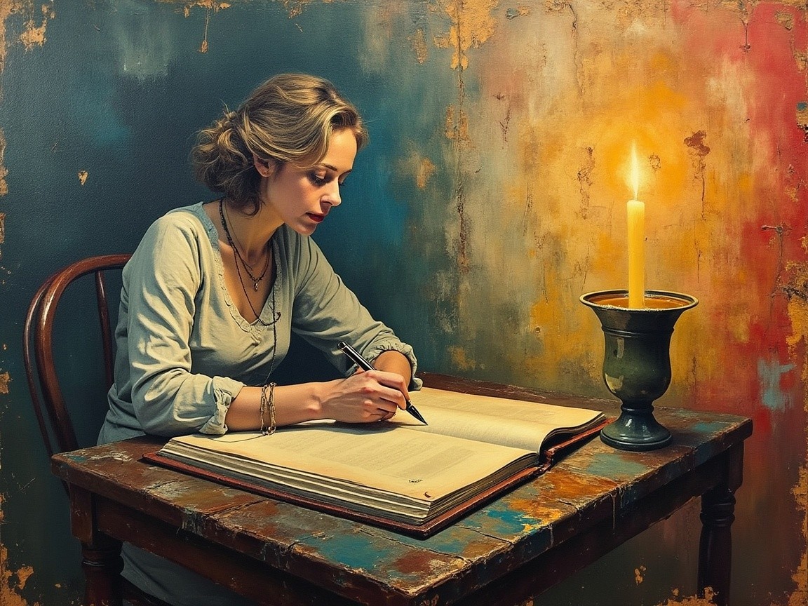 Woman Writing at Rustic Table with Candlelight