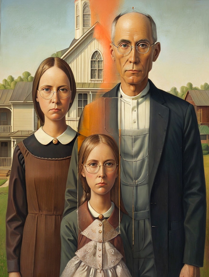 Elderly Man and Young Women in Vintage Attire at Farmhouse