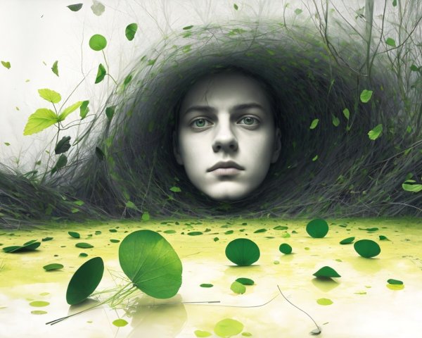 Surreal Portrait of a Person Among Grass and Foliage