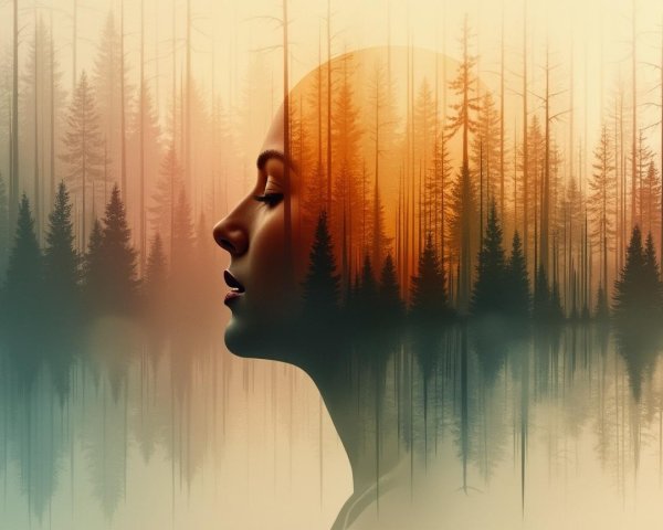 Silhouette of a Woman Merging with Forest at Sunset