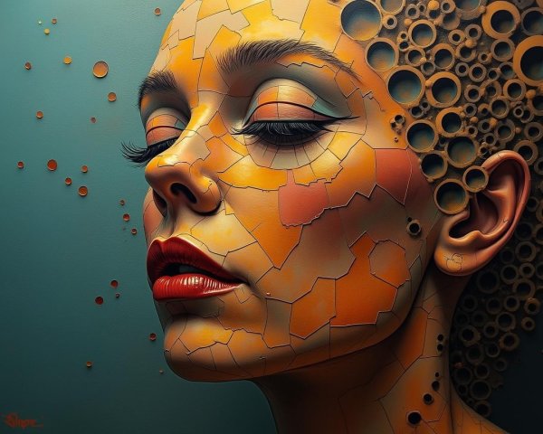 Fragmented Mosaic of a Woman's Face in Earthy Tones