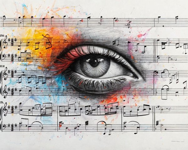 Grayscale Eye with Colorful Music Elements